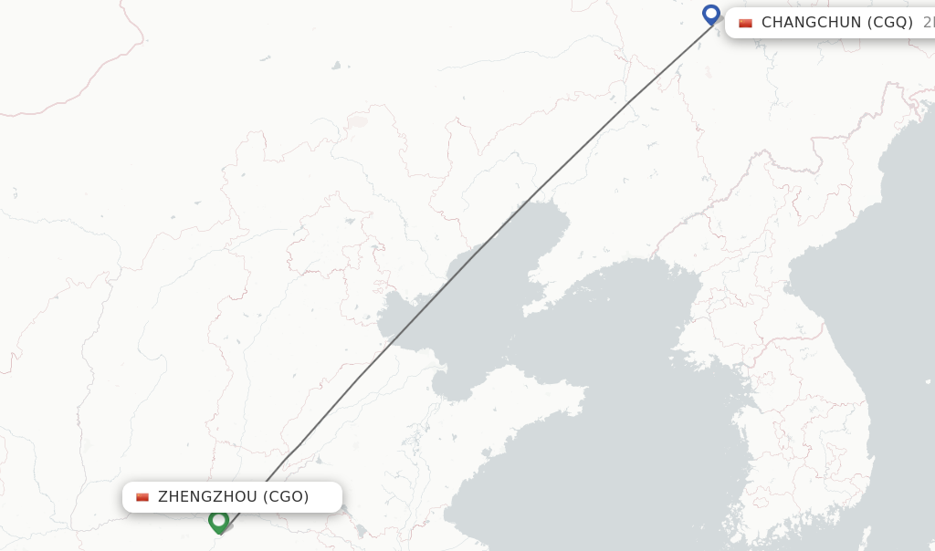 Flights from Zhengzhou to Changchun route map