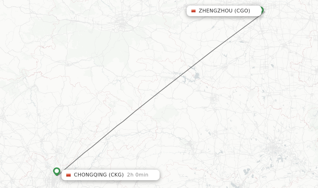 Flights from Zhengzhou to Chongqing route map