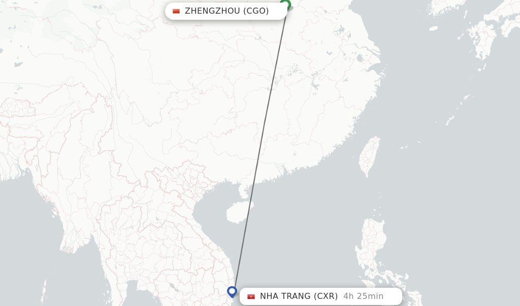 Flights from Zhengzhou to Nha Trang route map