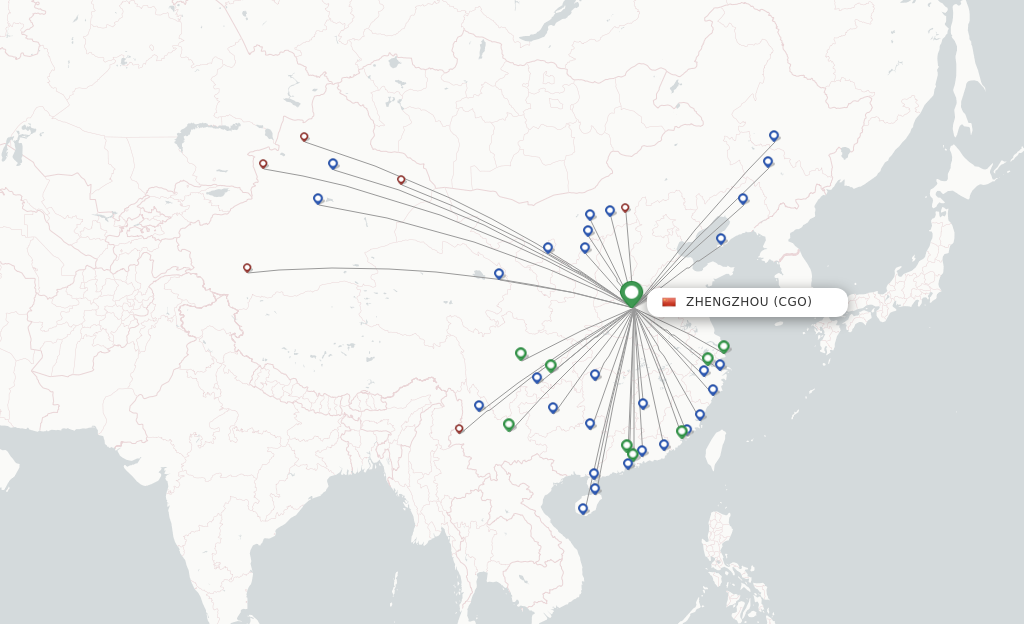 Route map with flights from Zhengzhou with China Southern