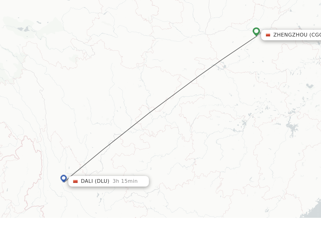 Flights from Zhengzhou to Dali City route map