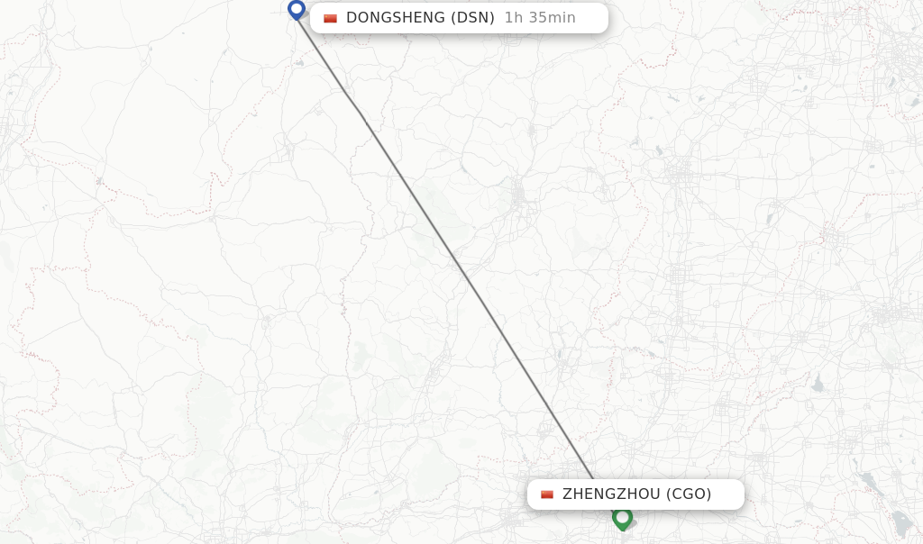 Flights from Zhengzhou to Dongsheng route map