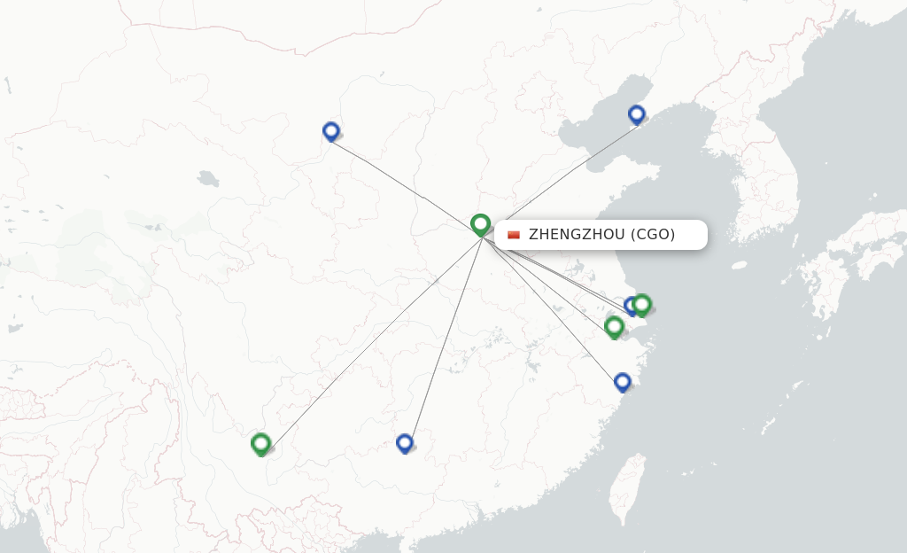 Route map with flights from Zhengzhou with Shanghai Airlines
