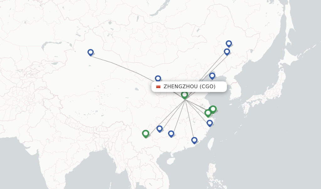 Route map with flights from Zhengzhou with Shanghai Airlines