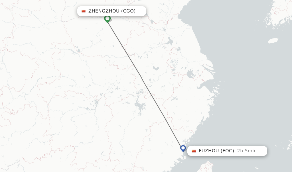 Flights from Zhengzhou to Fuzhou route map