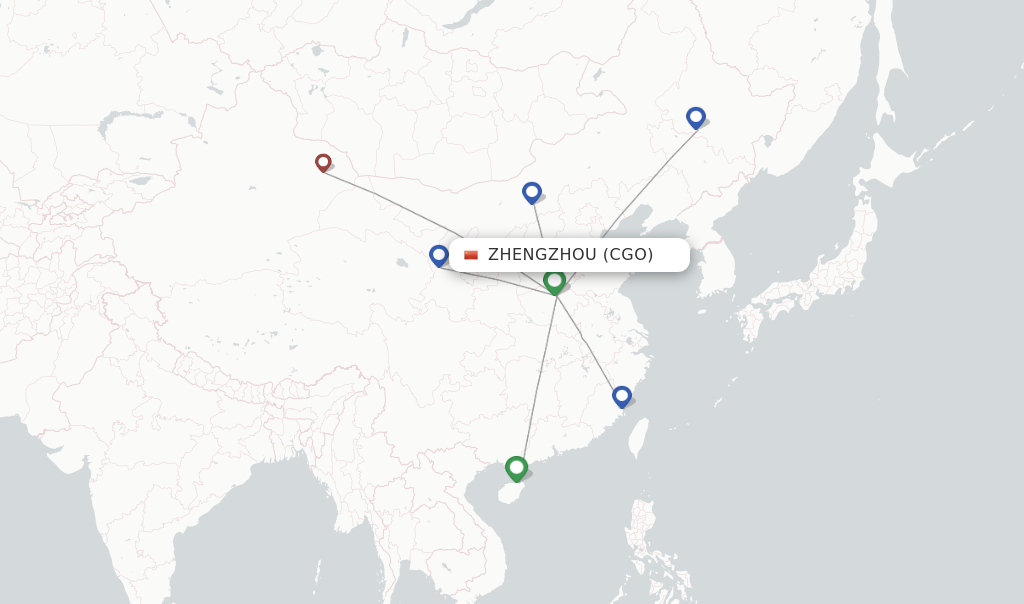 Route map with flights from Zhengzhou with Fuzhou Airline