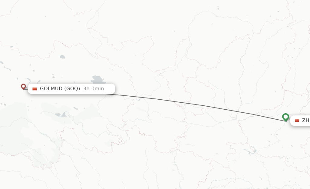 Flights from Zhengzhou to Golmud route map