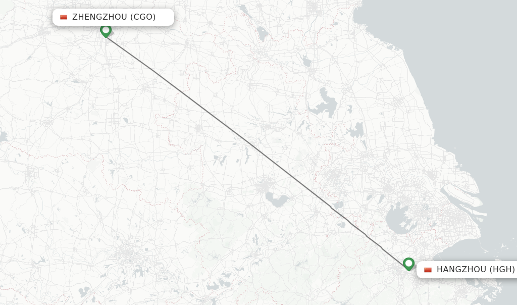 Flights from Zhengzhou to Hangzhou route map