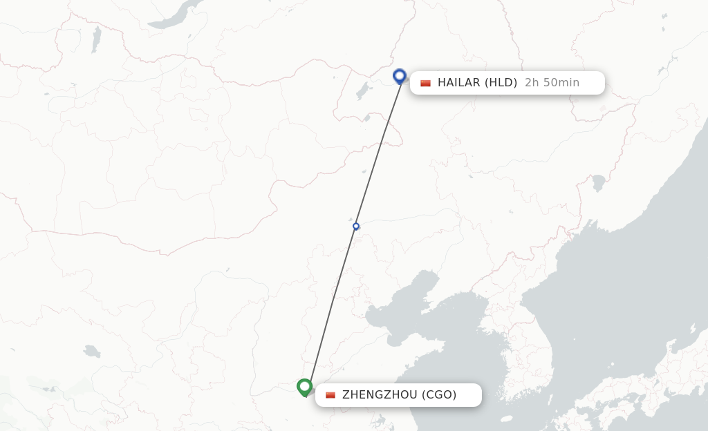 Flights from Zhengzhou to Hailar route map