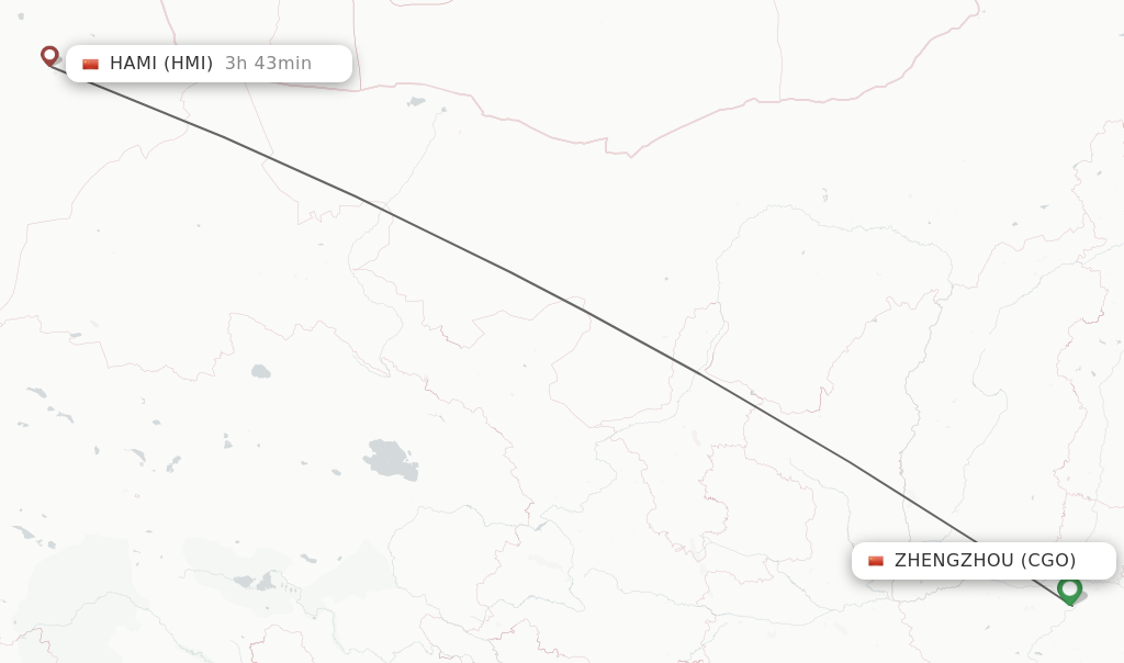 Flights from Zhengzhou to Hami route map