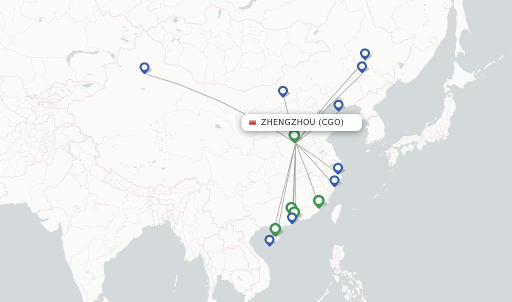 Route map with flights from Zhengzhou with Hainan Airlines