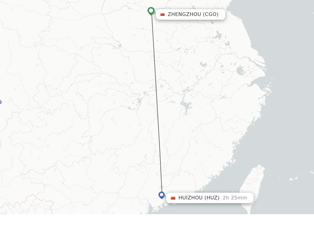 Flights from Zhengzhou to Huizhou route map