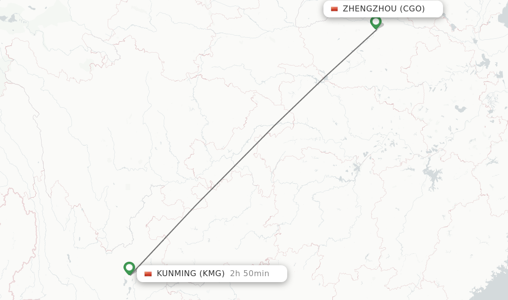 Flights from Zhengzhou to Kunming route map