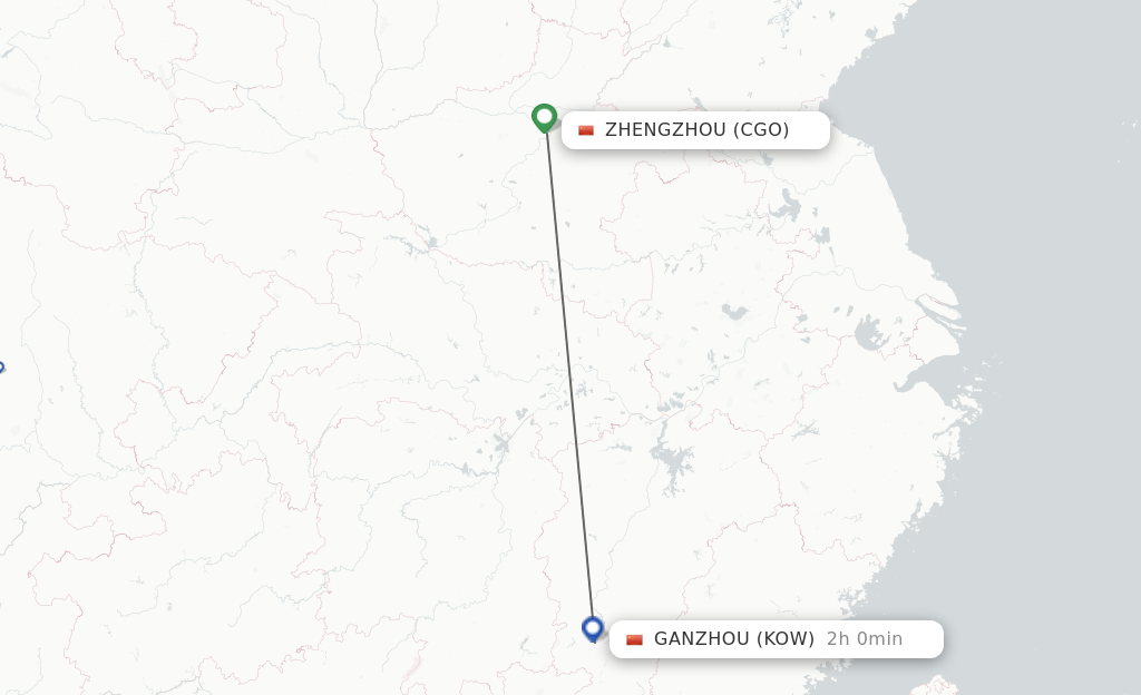 Flights from Zhengzhou to Ganzhou route map