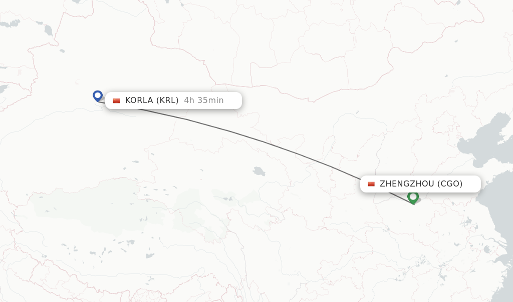 Flights from Zhengzhou to Korla route map
