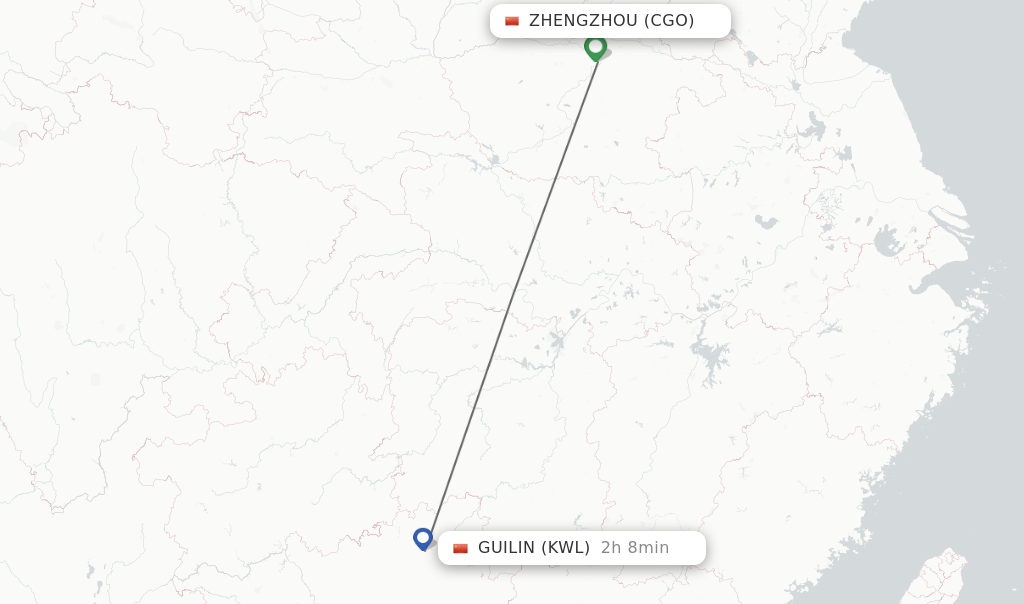 Flights from Zhengzhou to Guilin route map