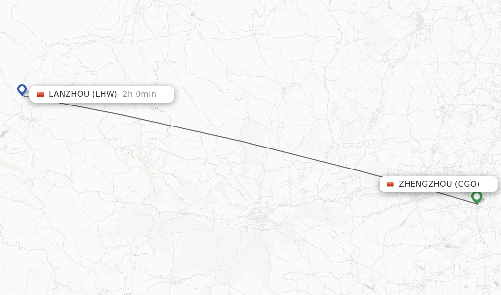 Flights from Zhengzhou to Lanzhou route map
