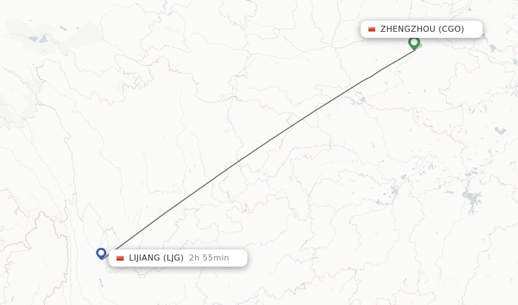Flights from Zhengzhou to Lijiang route map