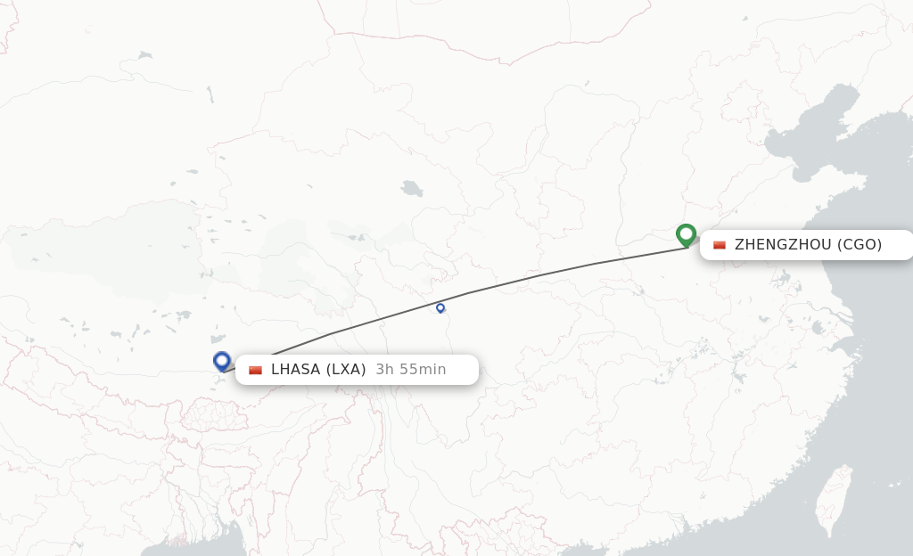 Flights from Zhengzhou to Lhasa/Lasa route map