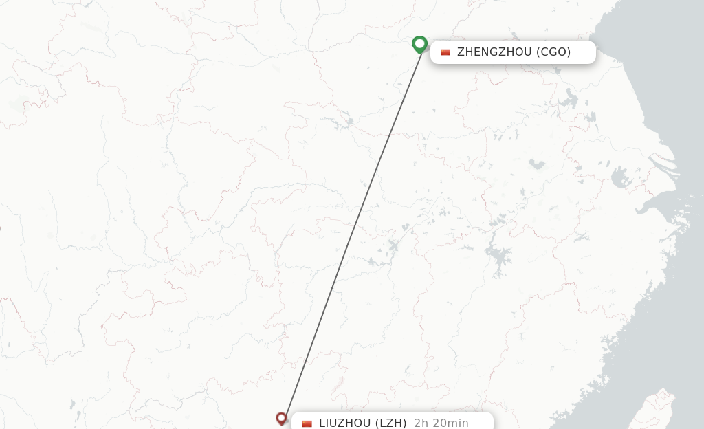 Flights from Zhengzhou to Liuzhou route map