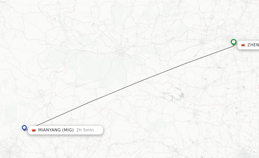 Flights from Zhengzhou to Mian Yang route map