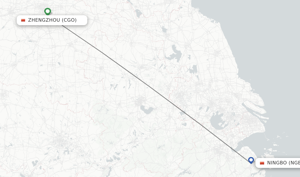 Flights from Zhengzhou to Ningbo route map