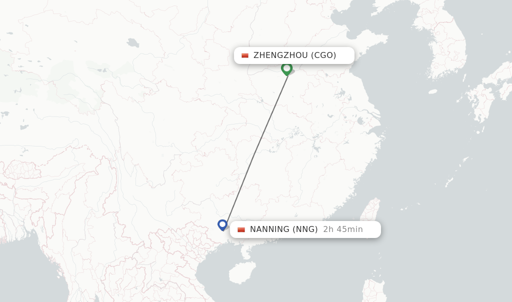 Flights from Zhengzhou to Nanning route map