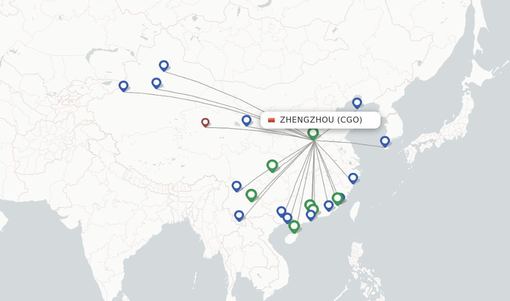 Route map with flights from Zhengzhou with West Air (China)
