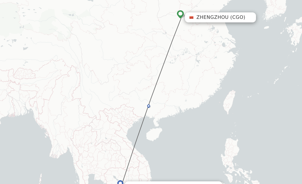 Flights from Zhengzhou to Phnom Penh route map