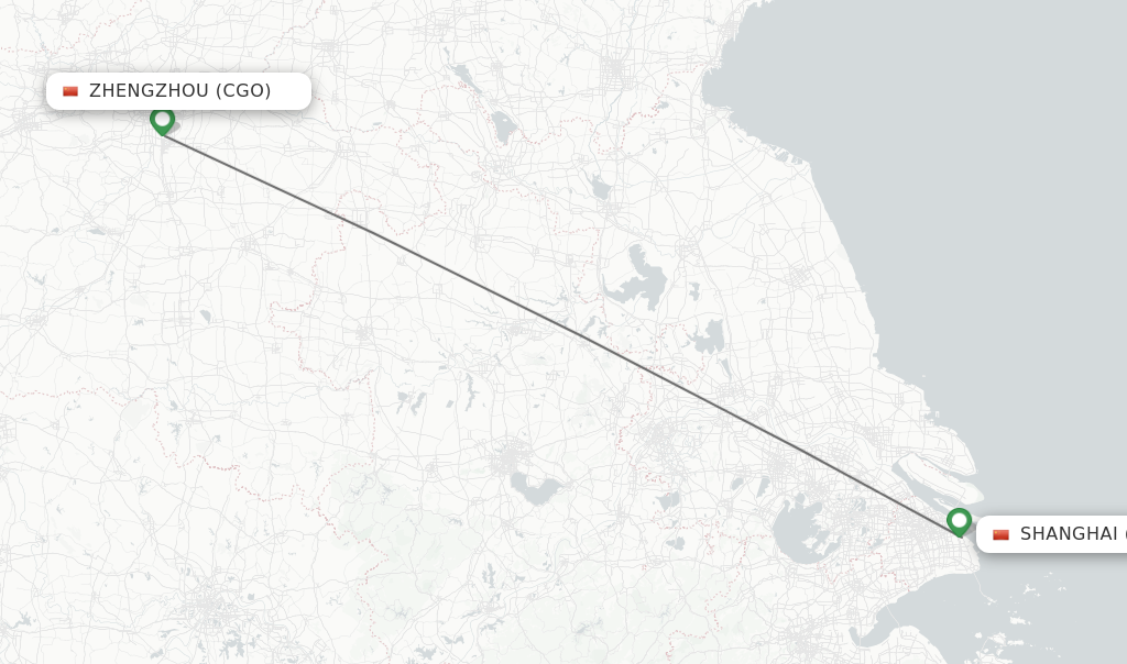 Flights from Zhengzhou to Shanghai route map