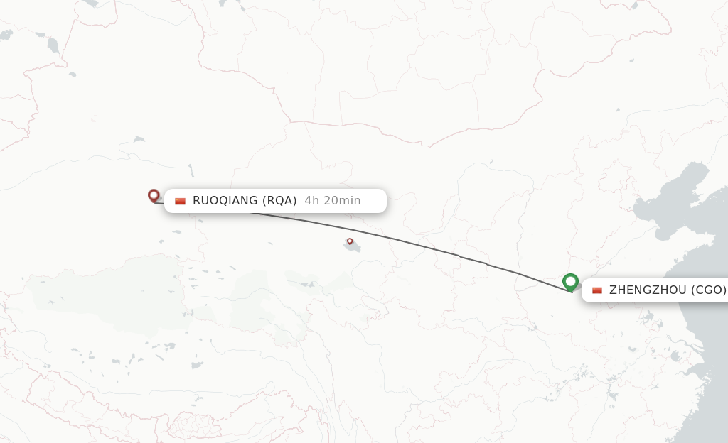 Flights from Zhengzhou to Ruogiang route map