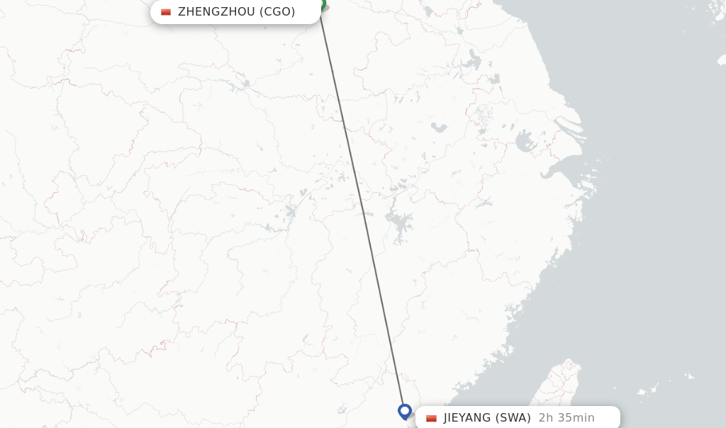 Flights from Zhengzhou to Jieyang route map
