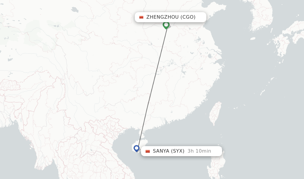 Flights from Zhengzhou to Sanya route map