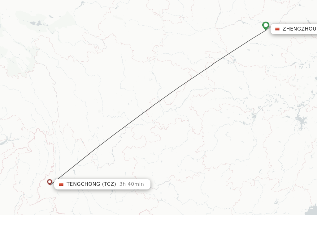 Flights from Zhengzhou to Tengchong route map