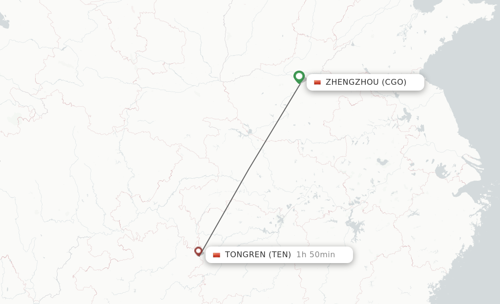 Flights from Zhengzhou to Tongren route map