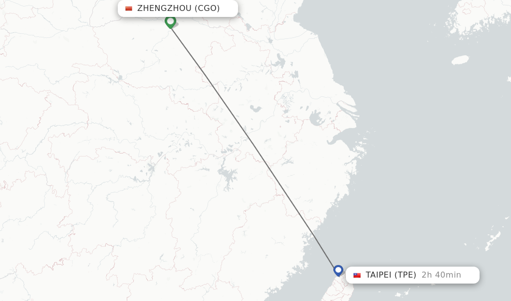Flights from Zhengzhou to Taipei route map