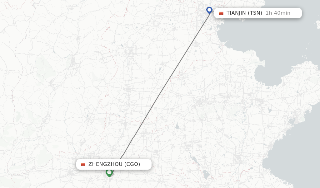 Flights from Zhengzhou to Tianjin route map