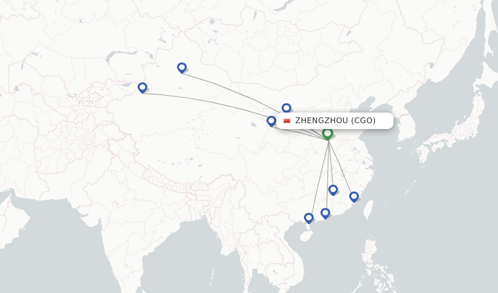 Route map with flights from Zhengzhou with Urumqi Airlines