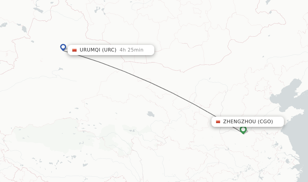 Flights from Zhengzhou to Urumqi route map