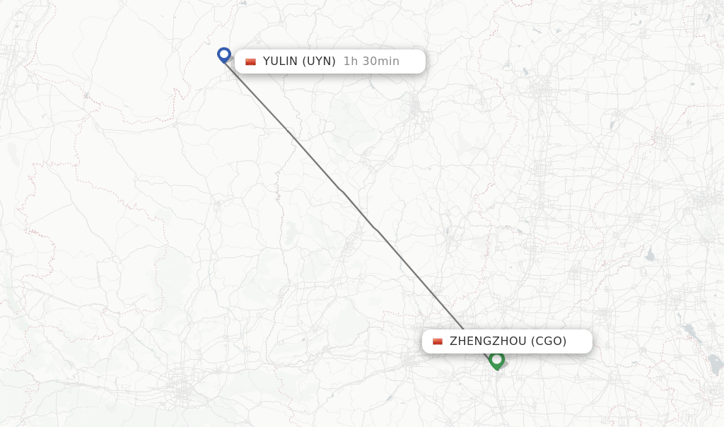 Flights from Zhengzhou to Yulin route map