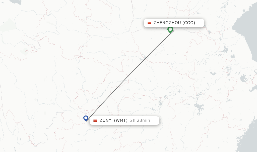 Flights from Zhengzhou to Zunyi route map