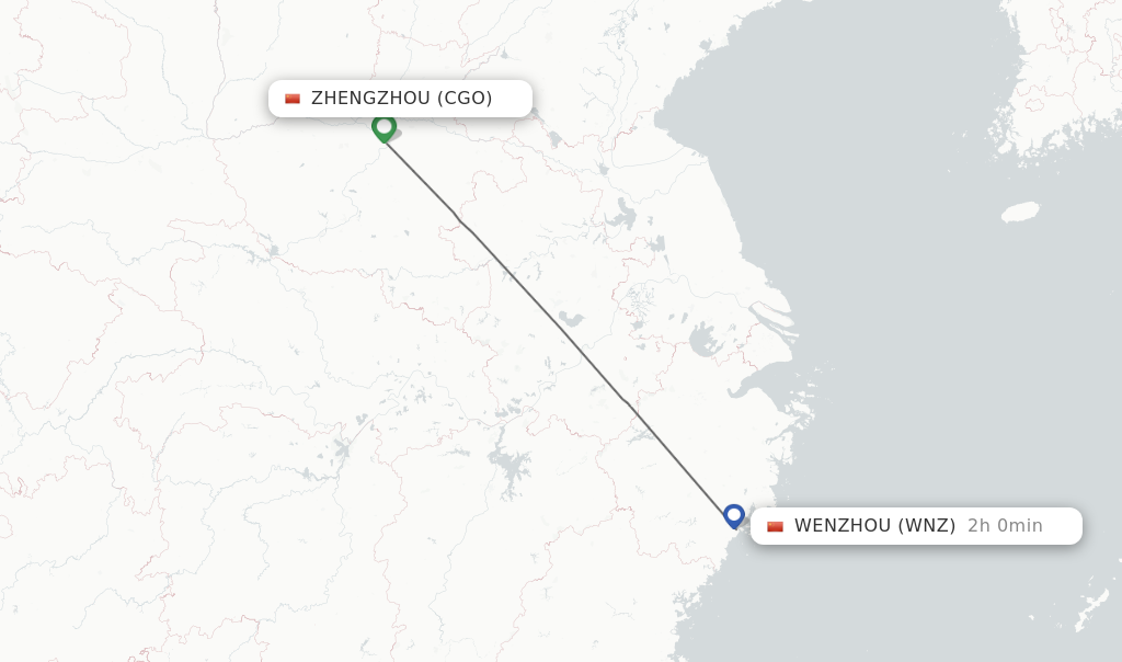 Flights from Zhengzhou to Wenzhou route map