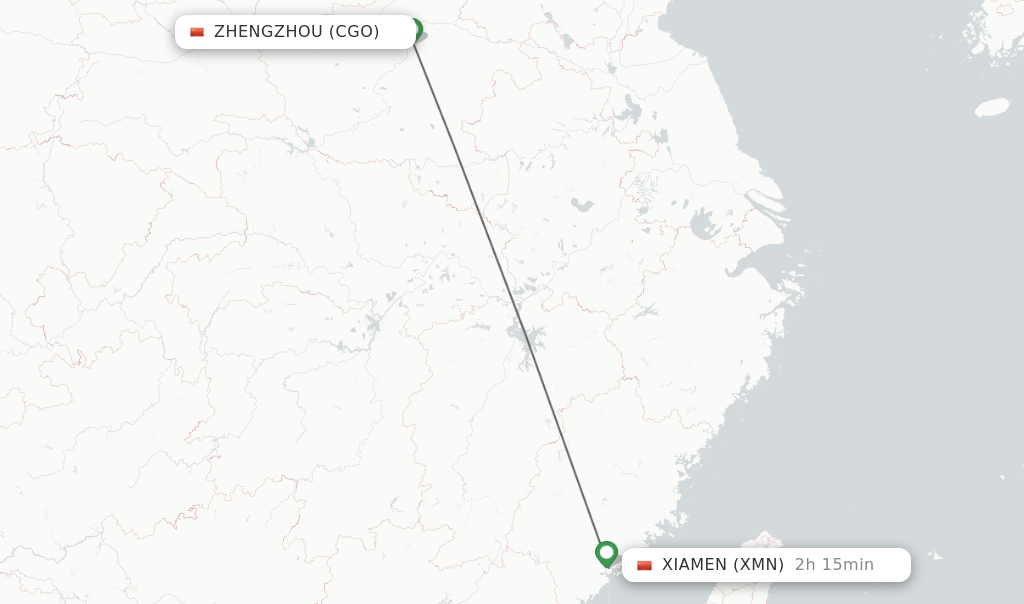 Flights from Zhengzhou to Xiamen route map