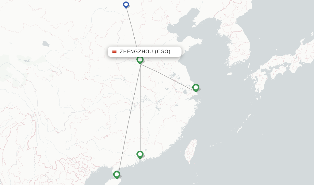 Route map with flights from Zhengzhou with Suparna Airlines