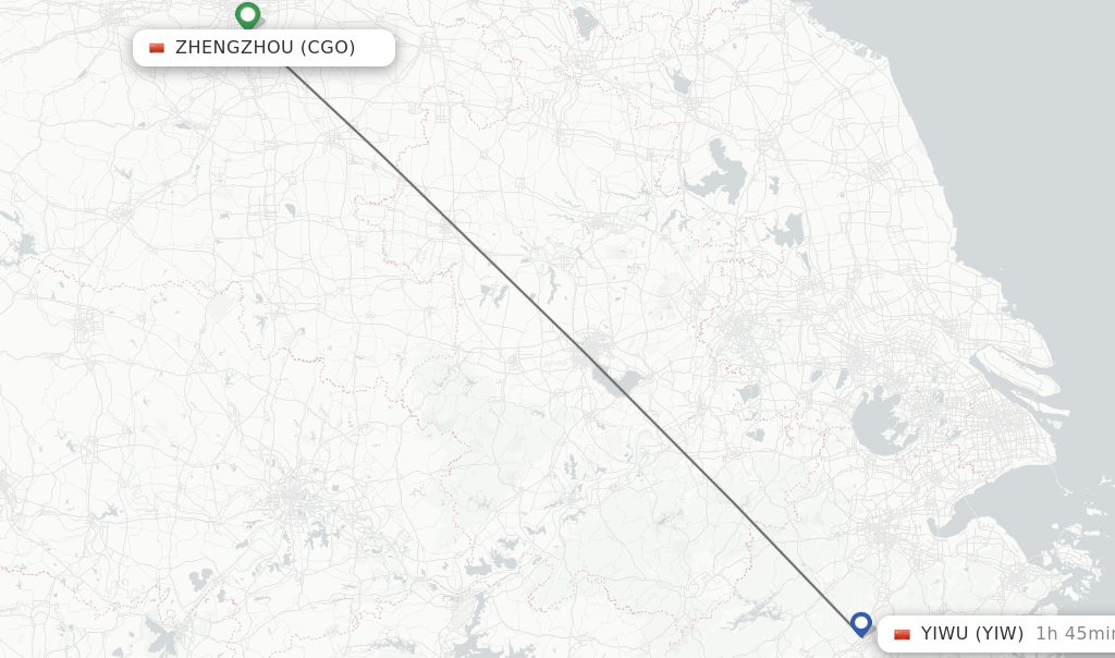 Flights from Zhengzhou to Yiwu route map
