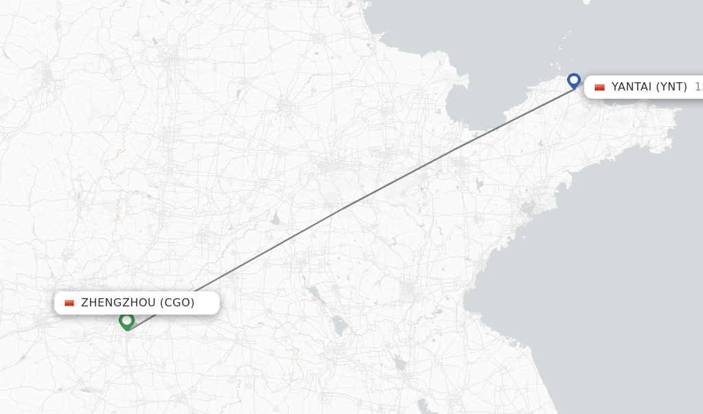 Flights from Zhengzhou to Yantai route map
