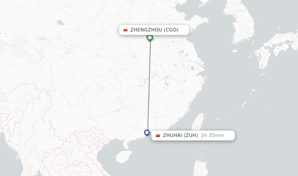 Flights from Zhengzhou to Zhuhai route map