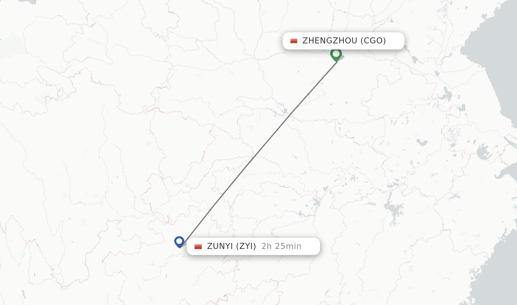 Flights from Zhengzhou to Zunyi route map