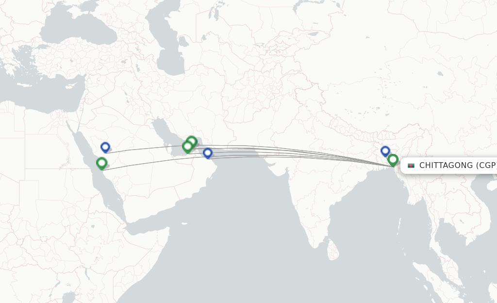 Route map with flights from Chittagong with Biman Bangladesh Airlines