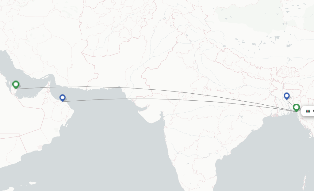 Route map with flights from Chittagong with US-Bangla Airlines